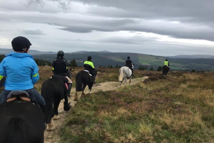 a group of people riding on the back of a horse